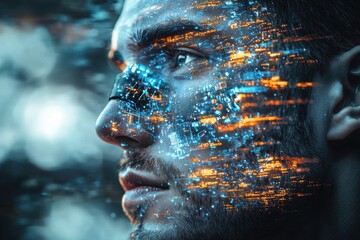Poster - Futuristic man's profile with glowing digital interface overlay, showcasing technology, connectivity, and cybernetic enhancement, blending human and artificial elements seamlessly.