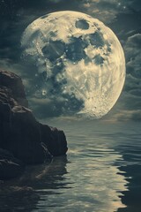 Poster - A serene moment with a full moon rising above a calm body of water, perfect for use in scenes depicting peace, tranquility or natural beauty