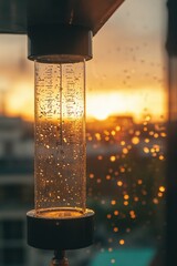 Poster - A bird feeder hangs from a window with a beautiful sunset in the background