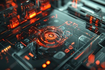 Poster - A futuristic close-up of a computer motherboard with intricate circuits and glowing red lights, displaying the complexity and innovation of modern technology and hardware.