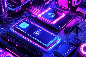 Poster - Detailed close-up of a modern computer motherboard with glowing components and intricate circuitry, showcasing technology and innovation in a colorful blue and pink style.