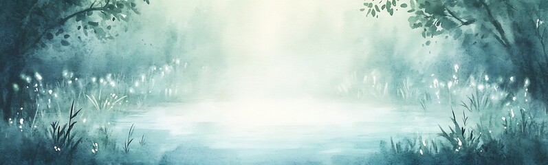 Aufkleber - Serene misty forest scene with soft light reflecting on water.