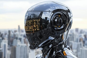 Poster - close-up of a sleek black robotic head with glowing digital display, futuristic technology against c