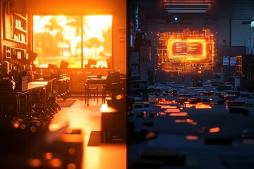 Poster - a split composition showcases a sun-drenched classroom contrasted with a futuristic, dimly lit tech 