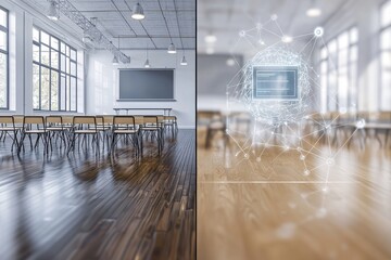 Poster - A split-screen view contrasts a traditional empty classroom with a digitally enhanced, future-ready learning environment, showcasing technological integration in education.