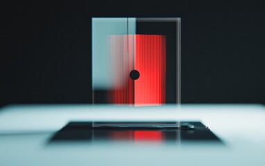 Poster - Abstract Glass Cube with Red and White Lines on Dark Background
