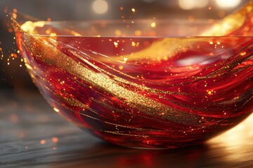 Poster - An abstract close-up of a glass bowl filled with red liquid and shimmering gold accents, artistically arranged with captivating depth and blurred background elements.