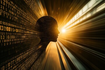 Poster - a digital mindscape with binary code and the silhouette of a human head facing bright light, symboli