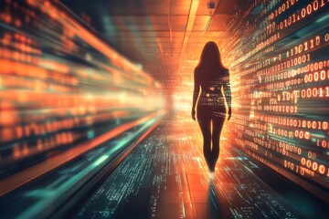 Poster - woman's silhouette walking in a digital tunnel with binary code, symbolizing artificial intelligence
