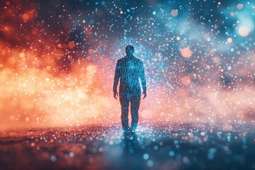 Poster - abstract digital man standing in a surreal landscape filled with glowing particles and bokeh, repres