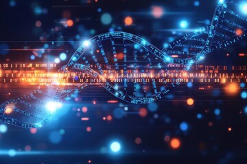 Poster - a complex dna double helix structure intertwined with digital binary code, representing cutting-edge