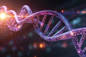 Poster - A vibrant, abstract DNA double helix, adorned with digital binary code, symbolizing advancements in biotechnology, genetic engineering, and the intricate nature of data.