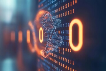 Poster - abstract digital dna strand with binary code background, showing genetic data processing and bioinfo