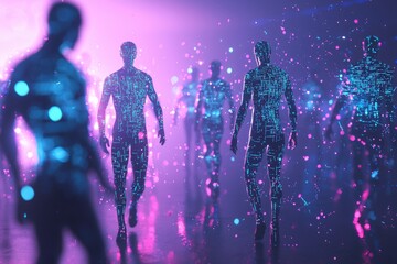 Poster - a futuristic representation of digital humanoids walking in a neon-lit environment, showcasing artif