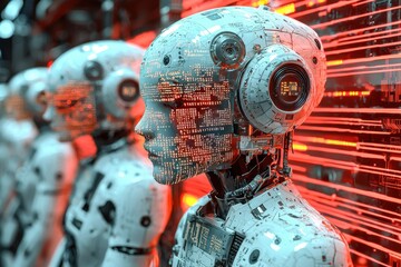 Poster - A futuristic representation of a robotic assembly line, showcasing AI humanoids with digital overlays and illuminated circuit patterns in a conceptual technological design.