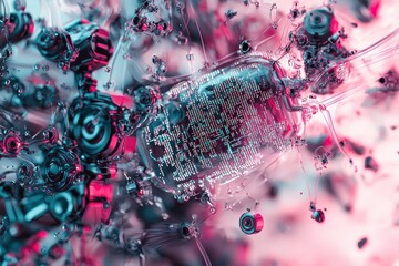 Poster - a hyper-detailed abstract rendering of futuristic technology, displaying complex interconnected comp