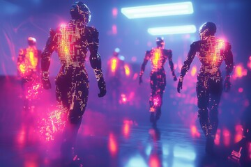 Poster - a group of futuristic cyborgs marching forward with glowing circuit patterns under blue and pink neo