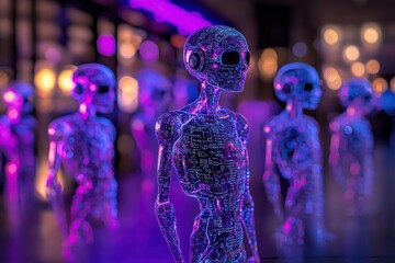 Poster - A futuristic tableau of glowing cybernetic humanoids featuring circuitry and skull like face, bathed in purple light and futuristic technology, conveying innovation.
