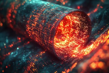 Poster - an abstract macro shot of a curved surface with glowing red and blue lights resembling a futuristic 