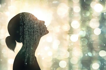 Poster - Conceptual digital portrait of a woman's silhouette with binary code overlay, set against a soft bokeh background symbolizing technology and connection.