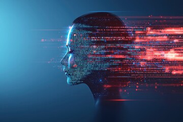 Poster - a digital human head profile with streaming binary code on a blue background, representing artificia