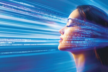 Poster - A woman's profile merges with digital data streams, symbolizing the intersection of humanity and artificial intelligence, creating a futuristic and innovative visual concept.