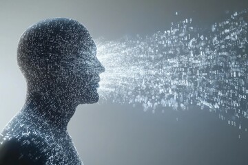 Poster - artificial intelligence concept featuring a digital human head with binary code stream, illustrating