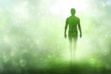 Poster - Green digital human silhouette, symbolizing artificial intelligence, technology, the digital age and the future of human-computer interaction in a connected virtual world.