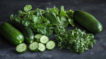 Aufkleber - A selection of fresh cucumbers, parsley, and parsley leaves arranged on a table
