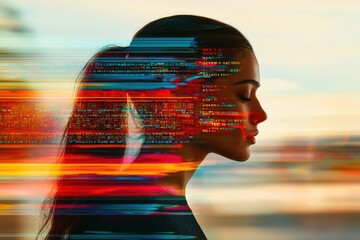 Poster - a beautiful woman's profile merged with a digital data stream, creating a fusion of technology and h