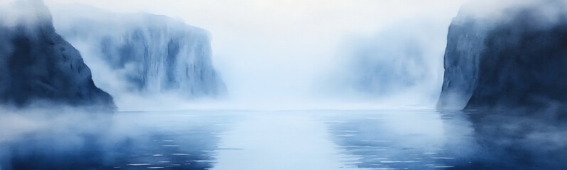 Aufkleber - Misty cliffs overlooking a calm, reflective body of water under a serene blue sky.