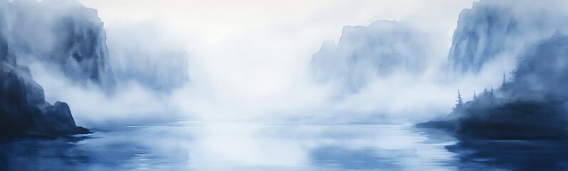 Wall Mural - misty landscape with soft blues and whites, featuring water and distant mountains.
