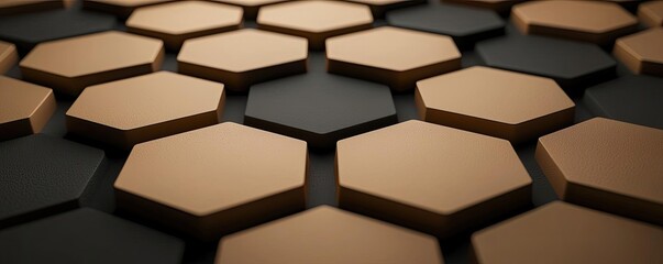 Poster - Geometric shapes illustration abstract background idea. Close-up view of hexagonal shapes in a modern pattern, featuring gold and black colors.