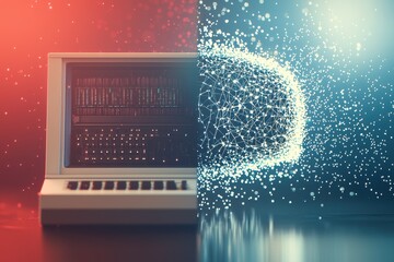 Poster - A split view featuring a retro computer on the left, and a glowing digital network on the right, symbolizing the evolution of technology and digital connectivity.