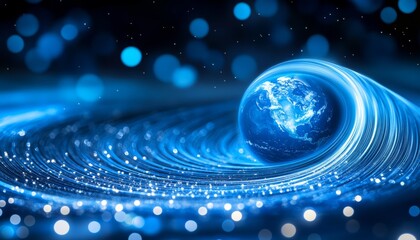 Wall Mural - blue planet, cosmic journey earth embraced by swirling trails of luminous, radiant energy