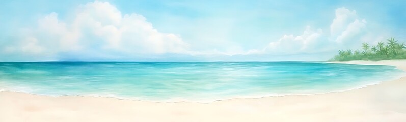 Aufkleber - Serene beach scene with clear water and soft clouds in a bright sky.