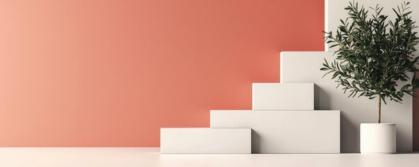 Poster - Geometric shapes illustration abstract background idea. Modern stair design with minimalistic plant against a warm coral wall.