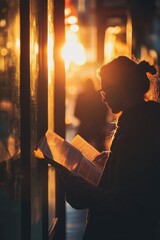 Poster - A person reading a book in a dimly lit environment, suitable for use as a background image