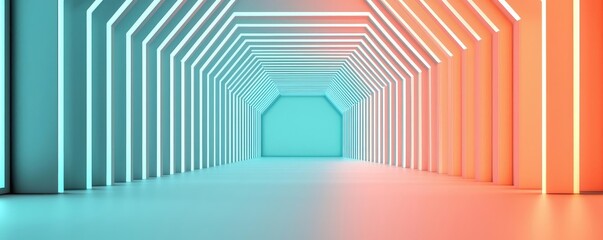 Poster - Geometric pattern design abstract background idea. Futuristic interior with vibrant neon lights illuminating a spacious corridor.