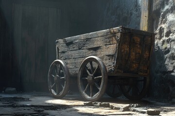 Aufkleber - An old wooden cart sits on the ground, weathered and worn
