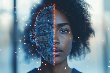 Poster - a striking portrait of a woman with a digital wireframe overlay on half her face, symbolizing the fu