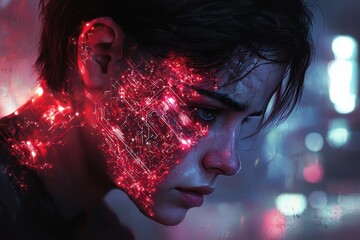 Poster - A contemplative young man with a glowing red circuit board pattern overlaying his face, signifying advanced technology and cybernetic enhancement, captured in a moody ambiance.