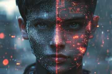 Poster - a conceptual digital portrait of a young man showing the fusion of human and technology, with glowin