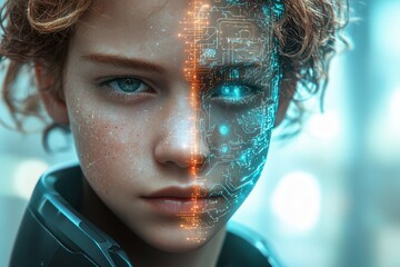Poster - A portrait of a young person with half of their face displaying digital circuitry, portraying a futuristic cyborg or advanced technology concept.