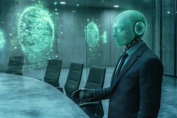 Poster - A futuristic robot in a business suit stands in a meeting room, analyzing data projected on a glass screen, showcasing artificial intelligence and technological advancement.