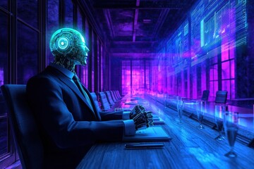 Poster - Futuristic robot in a suit reviewing business data in a neon-lit boardroom, symbolizing the convergence of artificial intelligence, corporate strategy, and technological advancement.