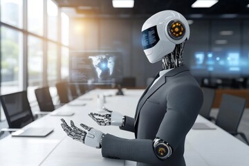Poster - a futuristic business meeting with a robot in a suit presenting a holographic world map, sitting at 