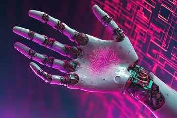 Poster - A robotic hand with intricate circuit patterns and glowing details in a futuristic design, showcasing technology and innovation in a vibrant setting.
