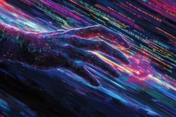 Poster - a futuristic robotic hand reaching through abstract data streams with vibrant blues and pinks, symbo