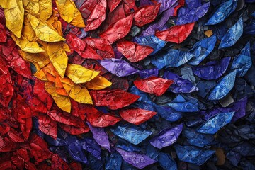 Poster - A dazzling abstract display of colorful metal pieces, meticulously arranged to create a captivating mosaic of yellow, red, purple, and blue tones with striking visual impact.